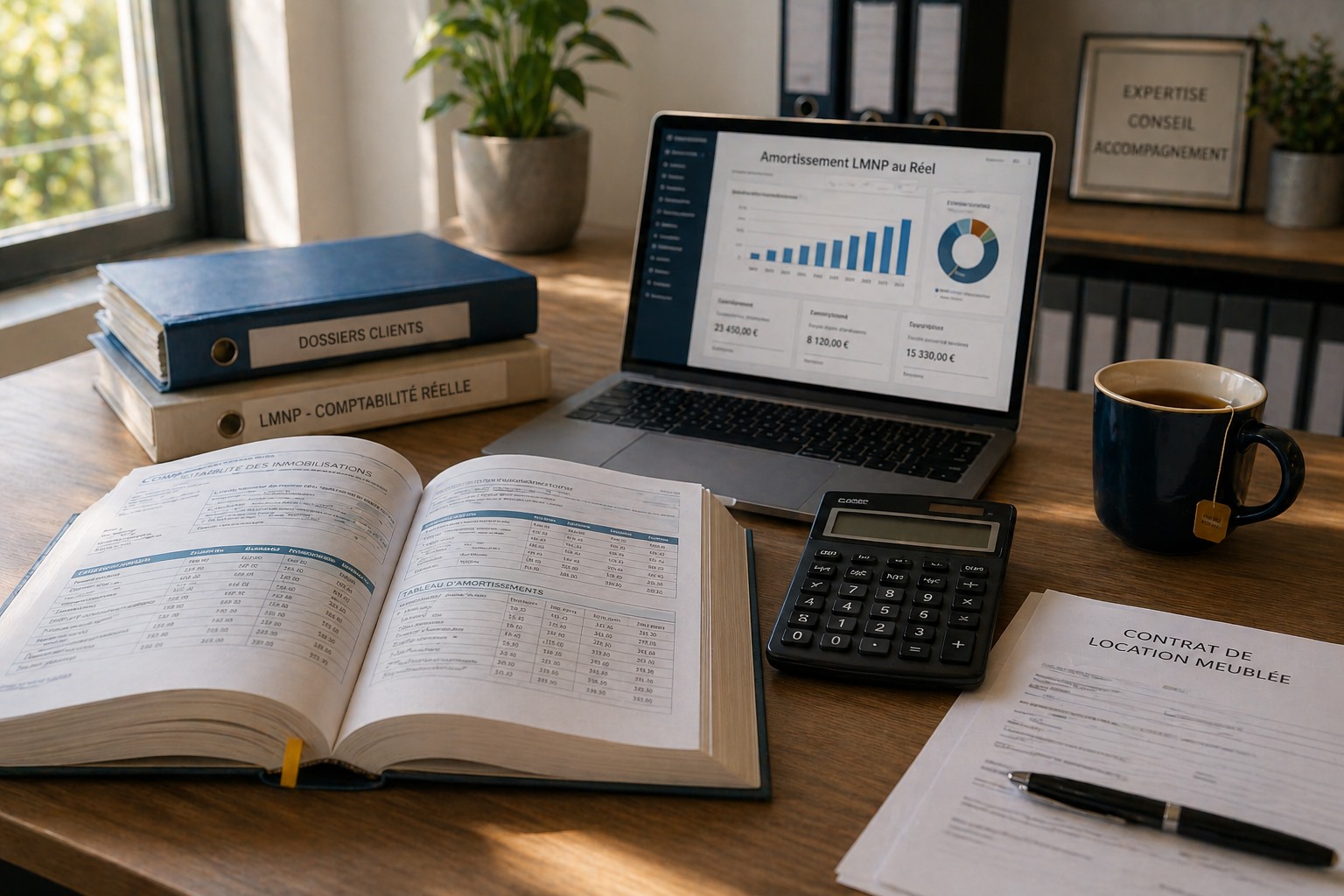 Bureau de comptable avec livre de comptabilité, calculateur d’amortissement LMNP et écran de logiciel de gestion