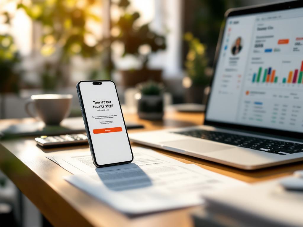 Bureau de gestion locative avec téléphone, ordinateur et contrat, ambiance moderne et organisée